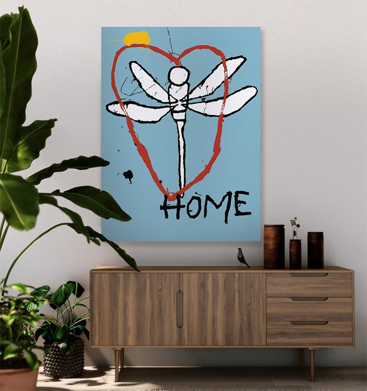 HOME painting by Hudson Valley artist Ryan Cronin, dragonfly with red heart on blue background, contemporary art for living room
