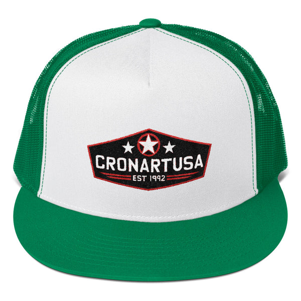 Original trucker had, designed and produced in USA by artist Ryan Cronin. Green and white trucker hat. 