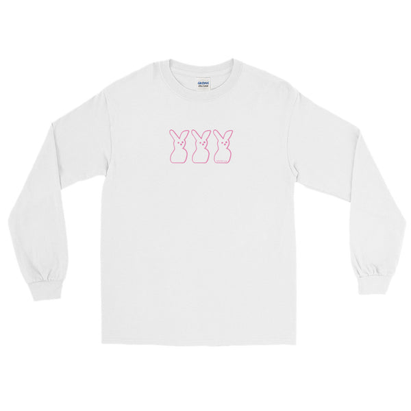 100% jersey knit pre-shrunk cotton t-shirt, long-sleeve in white with original artist print on front