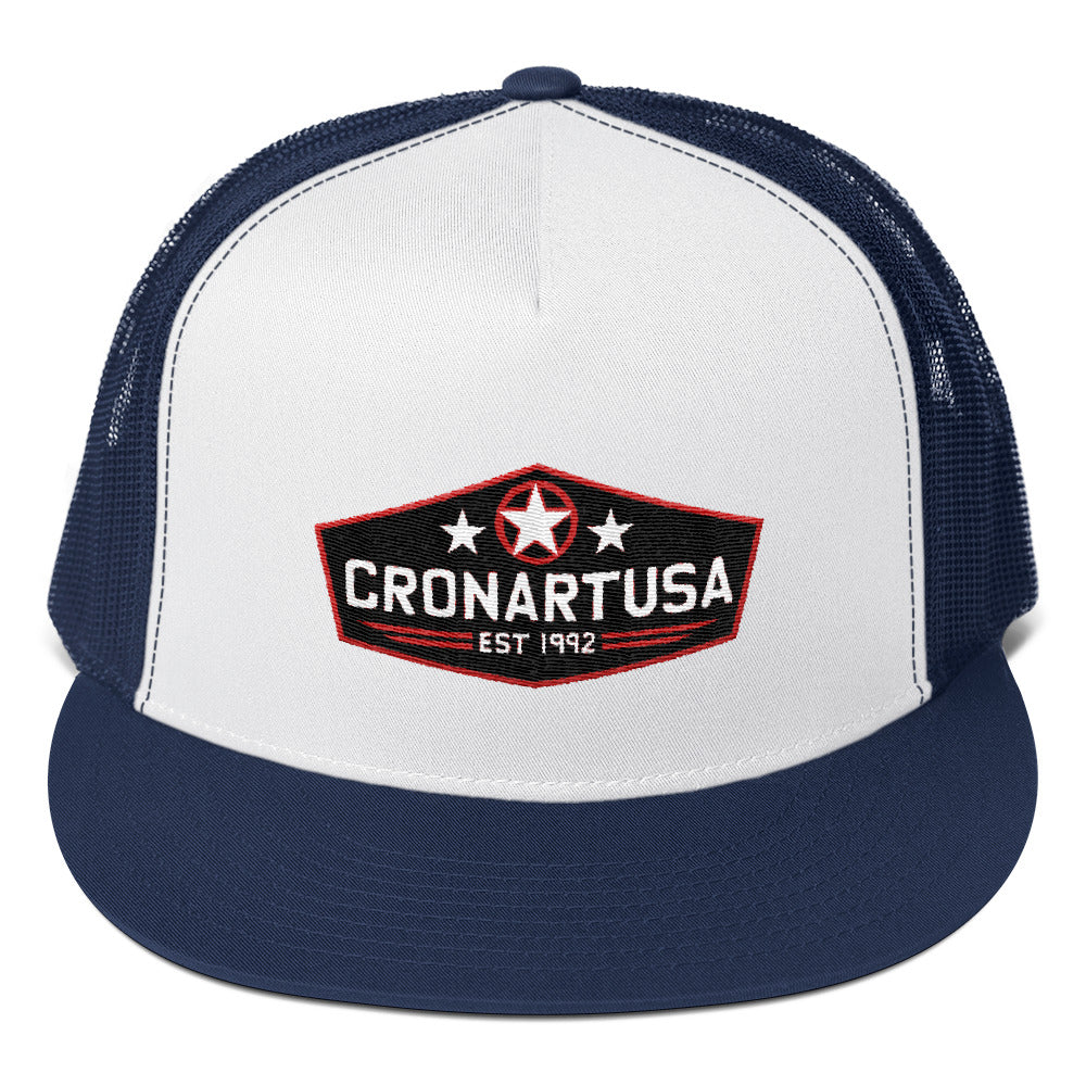 Original trucker had, designed and produced in USA by artist Ryan Cronin. Blue and white trucker hat. 